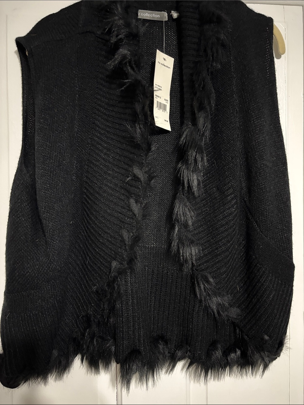NY Collection Black Open-Front Sweater Vest with Faux-Fur Trim